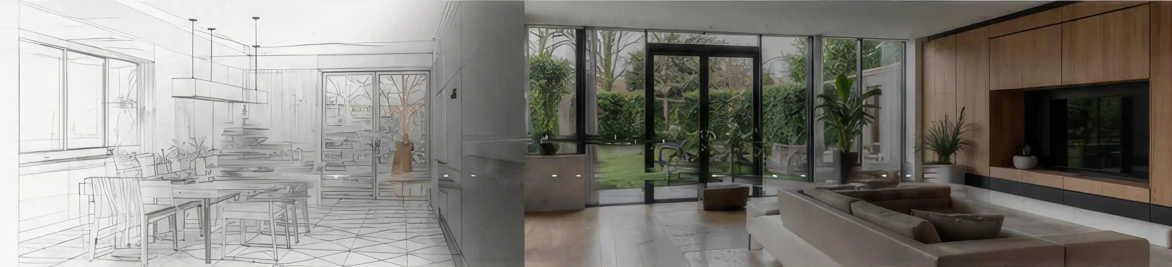 Links de bouwtekening van een woonkamer, rechts diezelfde ruimte zoals hij is opgeleverd.