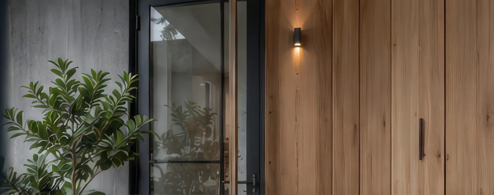 Houten gevelbekleding met een wandlamp en beplanting bij de entree van een woning.