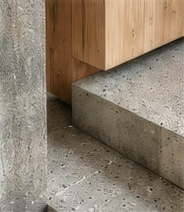 Detail van een betonnen traptrede tegen een houten wandbekleding.