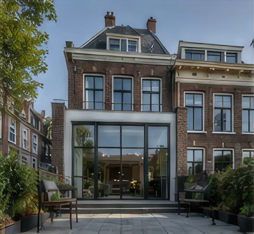 Grachtenpand met een moderne, volledig beglaasde uitbouw aan de tuinzijde.
